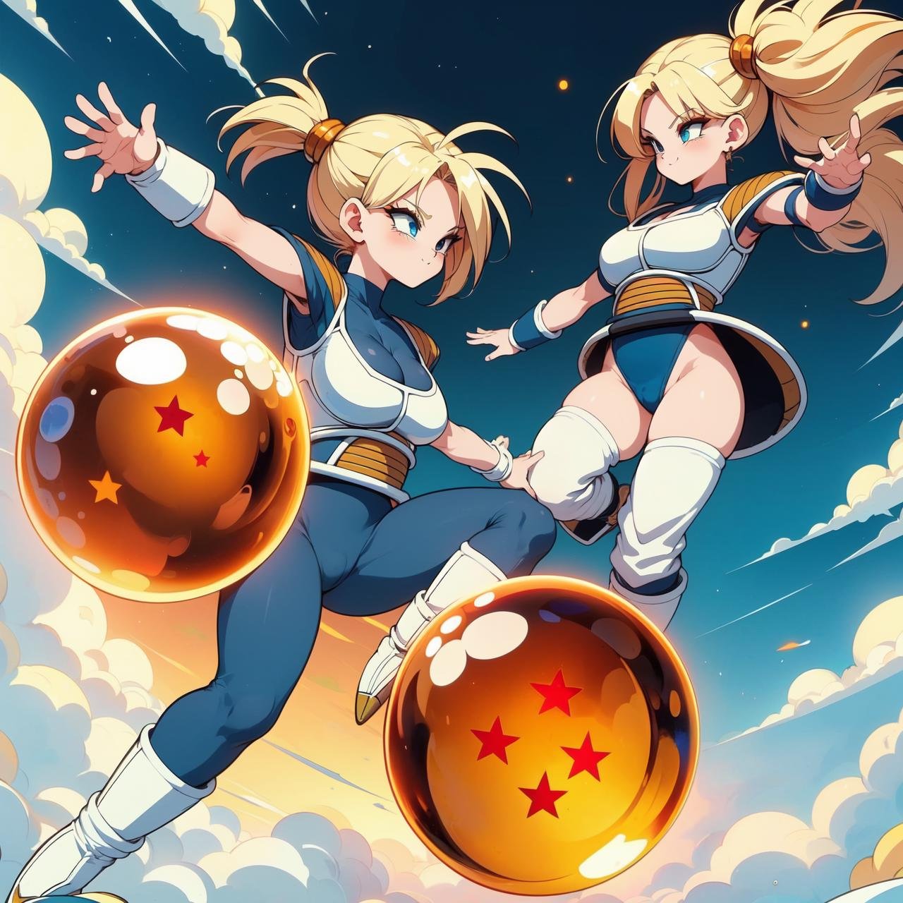 (((masterpiece))), (((best quality))), (((2girl))), (((symmetrical docking))), (((falling from the sky))), (((holding a star dragonball))), ((raise arm)), ((battle armor)), ((blue bodysuit)), white gloves, white boots, orange pauldrons, spiked hair, earrings, lunge, blonde hair, twintails, longhair, sweat, cleavage, big tits, smile, ((smile)), ((excited))), (((enjoy))), happy, surprise, shy, blush, sexy, pretty, beautiful, muscle, (((slim figure))), <lora:girllikestardragonballbattlearmor:1>