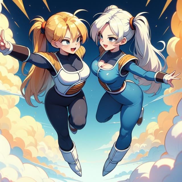 (((masterpiece))), (((best quality))), (((2girl))), (((symmetrical docking))), (((falling from the sky))), (((holding a star dragonball))), ((raise arm)), ((battle armor)), ((blue bodysuit)), white gloves, white boots, orange pauldrons, spiked hair, earrings, lunge, blonde hair, twintails, longhair, sweat, cleavage, big tits, smile, ((smile)), ((excited))), (((enjoy))), happy, surprise, shy, blush, sexy, pretty, beautiful, muscle, (((slim figure))), <lora:girllikestardragonballbattlearmor:1>