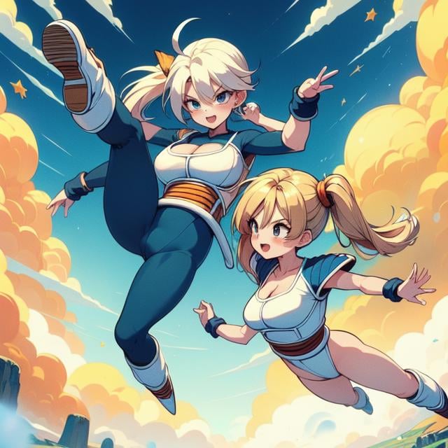 (((masterpiece))), (((best quality))), (((2girl))), (((symmetrical docking))), (((falling from the sky))), ((holding a star dragonball)), ((raise arm)), ((battle armor)), ((blue bodysuit)), white gloves, white boots, orange pauldrons, spiked hair, earrings, lunge, blonde hair, twintails, longhair, sweat, cleavage, big tits, smile, ((smile)), ((excited))), (((enjoy))), happy, surprise, shy, blush, sexy, pretty, beautiful, muscle, (((slim figure))), <lora:girllikestardragonballbattlearmor:1>