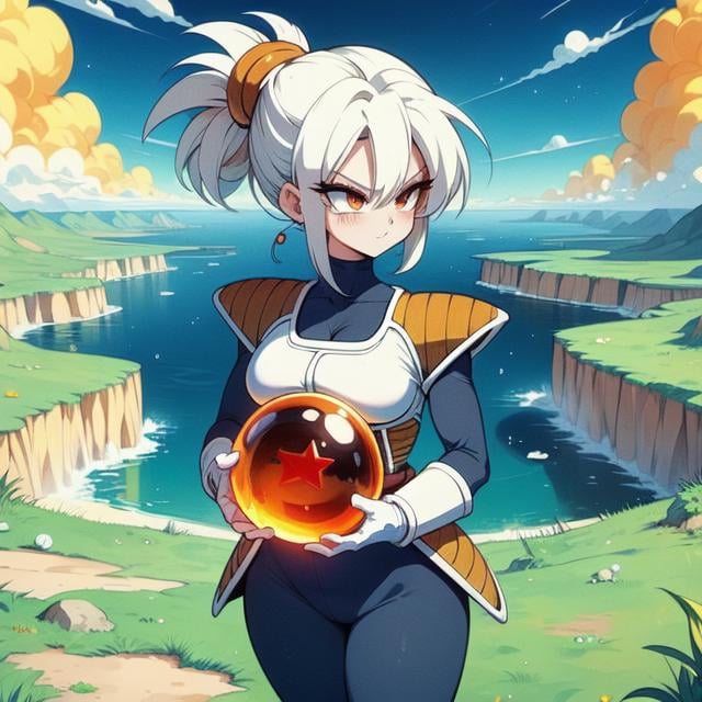 (((masterpiece))), (((best quality))), ((holding star dragonball)), ((raise arm)), ((battle armor)),  ((blue bodysuit)), ((white gloves)), ((white boots)), orange pauldrons, spiked hair, earrings, cloud, sky, hill, lake, grass, plateau, dbz, solo, 1girl, snob grin, evil grin, updo, ribbon, sweat, cleavage, ((big tits)), shy, blush, (((slim figure))),  <lora:girllikestardragonballbattlearmor:1>