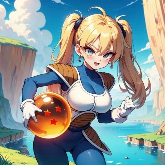 (((masterpiece))), (((best quality))), ((holding a star dragonball)), ((raise arm)), ((battle armor)), ((blue bodysuit)), white gloves, white boots, orange pauldrons, spiked hair, earrings, cloud, sky, hill, water, grass, plateau, lunge, blonde hair, twintails, longhair, sweat, cleavage, big tits, smile, ((smile)), ((excited))), (((enjoy))), happy, surprise, shy, blush, sexy, pretty, beautiful, muscle, (((slim figure))), <lora:girllikestardragonballbattlearmor:0.8>