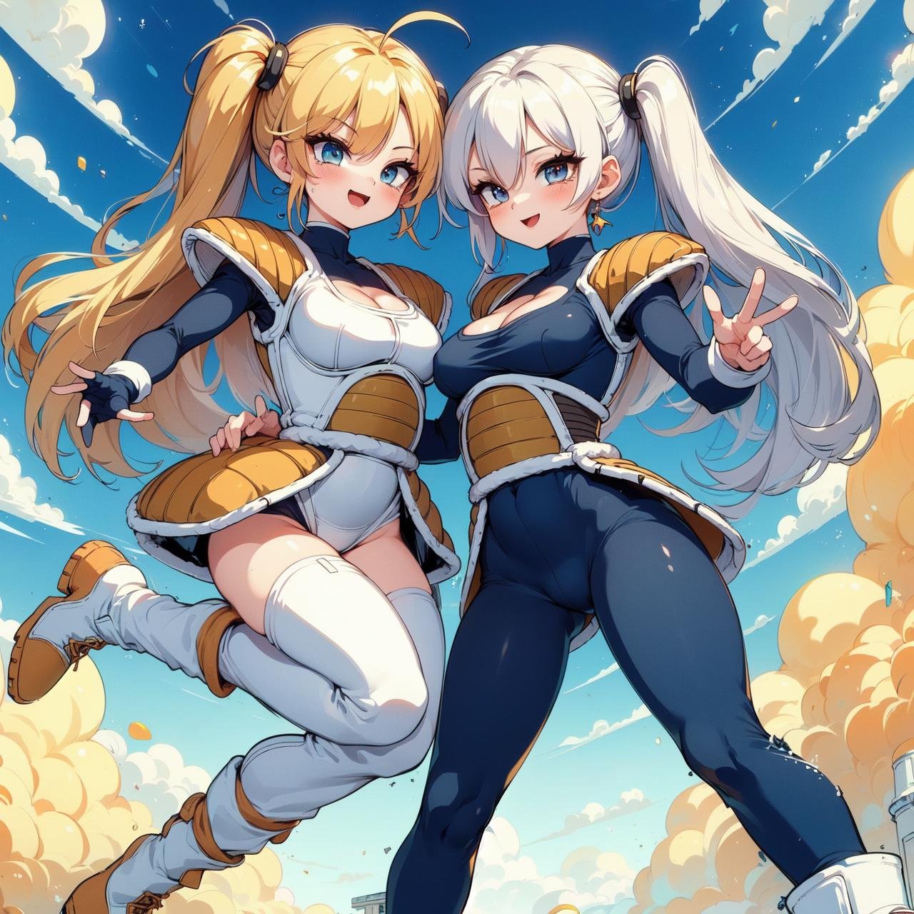 (((masterpiece))), (((best quality))), (((2girl))), (((symmetrical docking))), (((falling from the sky))), ((holding a star dragonball)), ((raise arm)), ((battle armor)), ((blue bodysuit)), white gloves, white boots, orange pauldrons, spiked hair, earrings, lunge, blonde hair, twintails, longhair, sweat, cleavage, big tits, smile, ((smile)), ((excited))), (((enjoy))), happy, surprise, shy, blush, sexy, pretty, beautiful, muscle, (((slim figure))), <lora:girllikestardragonballbattlearmor:0.8>