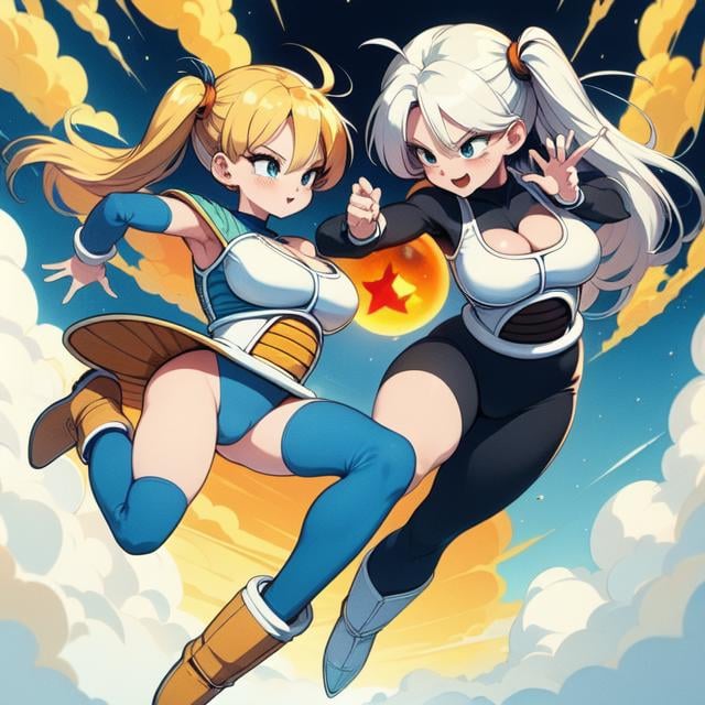 (((masterpiece))), (((best quality))), (((2girl))), (((symmetrical docking))), (((falling from the sky))), ((holding a star dragonball)), ((raise arm)), ((battle armor)), ((blue bodysuit)), white gloves, white boots, orange pauldrons, spiked hair, earrings, lunge, blonde hair, twintails, longhair, sweat, cleavage, big tits, smile, ((smile)), ((excited))), (((enjoy))), happy, surprise, shy, blush, sexy, pretty, beautiful, muscle, (((slim figure))), <lora:girllikestardragonballbattlearmor:1>