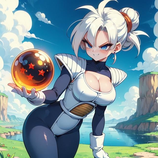 (((masterpiece))), (((best quality))), ((holding star dragonball)), ((raise arm)), ((battle armor)),  ((blue bodysuit)), ((white gloves)), ((white boots)), spiked hair, earrings, cloud, sky, hill, lake, grass, plateau, solo, 1girl, ((snob grin)), ((evil grin)), updo, ribbon, sweat, cleavage, ((big tits)), shy, blush, (((slim figure))),  <lora:girllikestardragonballbattlearmor:0.8>