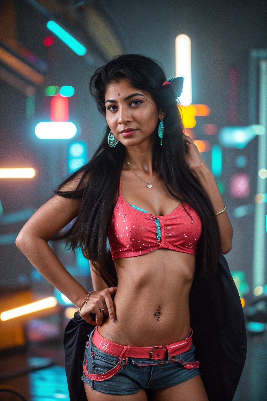 Cyberpunk style, Neon light, city background ,1girl, solo, long hair, 1girl, solo, navel, jewelery earrings, midriff, bracelet, realisticbreasts, looking at viewer, smile, large breasts, black hair, navel, cleavage, jewelry, earrings, shorts, midriff, indoors, bracelet, hand on hip, bed, tank top, realistic,80' Malayalam actress unni mary,photorealistic,80' girl,Mallu old actress,Malayalam movie actress unni mary:1.5,CyberpunkWorld, realism