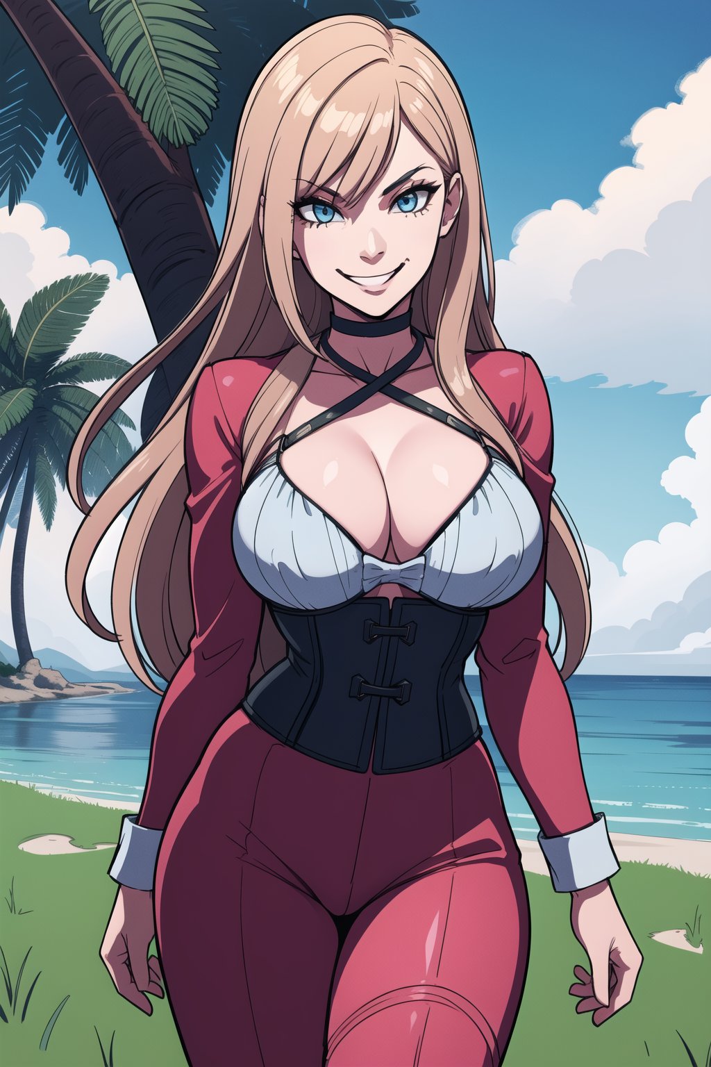 (masterpiece:1.2), (best quality), (ultra detailed), (8k,4k), (highly detailed:1.4), (perfect lightingbest quality), (blue sky, beach, tree, grass), solo, female, pink corset, smirk, pirate clothes