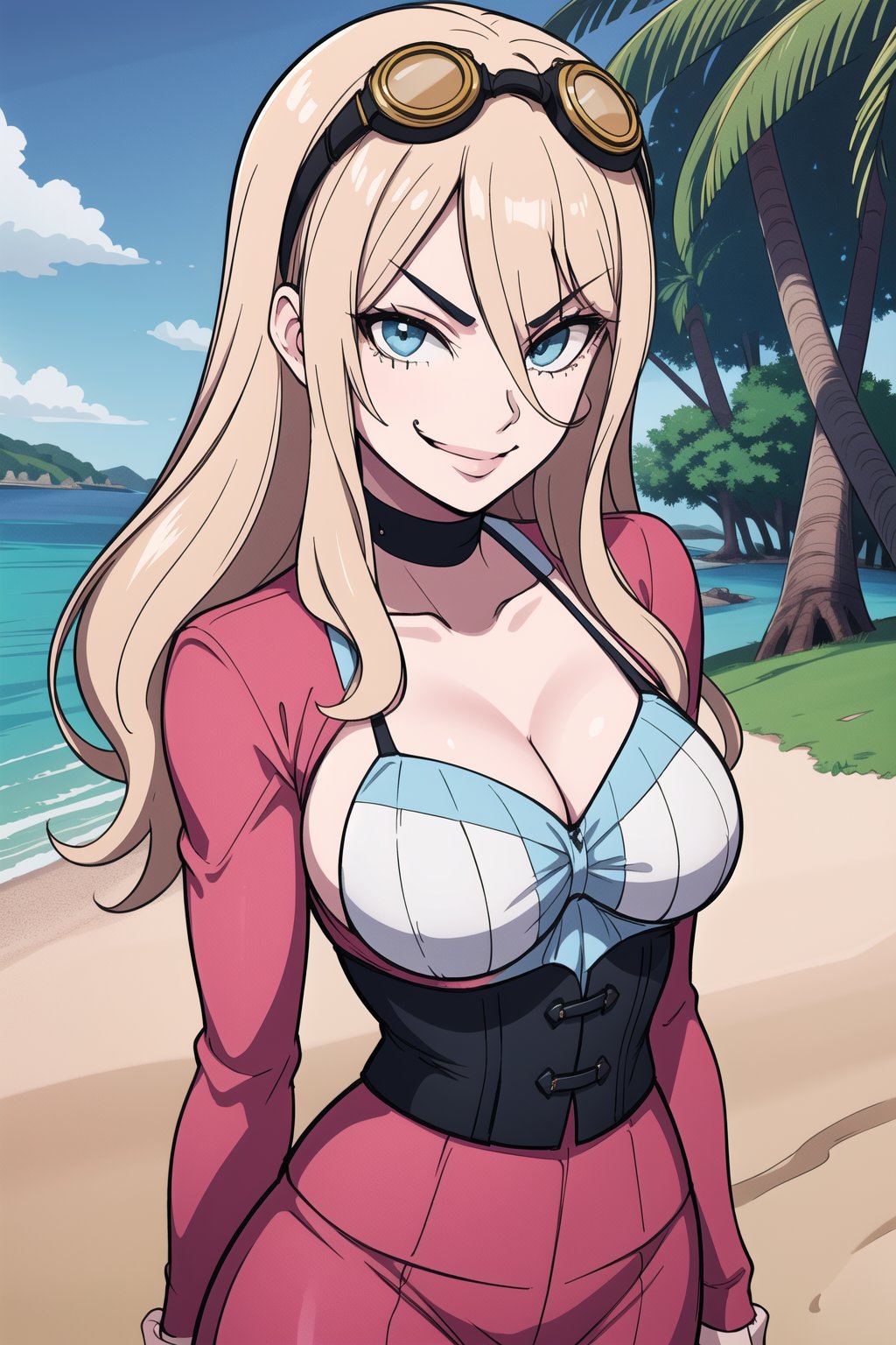 (masterpiece:1.2), (best quality), (ultra detailed), (8k,4k), (highly detailed:1.4), (perfect lightingbest quality), (blue sky, beach, tree, grass), (3/4 angle shoot), solo, female, pink corset, smirk, pirate clothes, iruma_miu, head googles, raised eyebrow, half eye open, Raising eyebrows