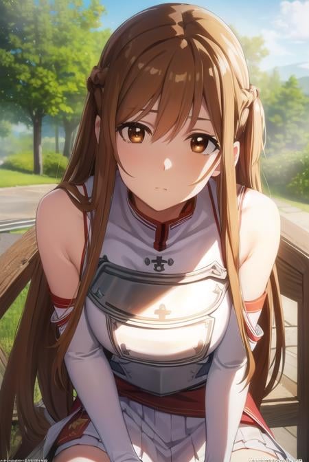 asunayuuki, <lora:asuna yuuki s1-lora-nochekaiser:1>, asuna yuuki, long hair, brown hair, (brown eyes:1.8),BREAK skirt, thighhighs, bare shoulders, detached sleeves, armor, white thighhighs, (breastplate:1.2), red skirt,BREAK outdoors, nature, forest, sun, sky,BREAK looking at viewer, (cowboy shot:1.5),BREAK <lyco:GoodHands-beta2:1>, (masterpiece:1.2), best quality, high resolution, unity 8k wallpaper, (illustration:0.8), (beautiful detailed eyes:1.6), extremely detailed face, perfect lighting, extremely detailed CG, (perfect hands, perfect anatomy),