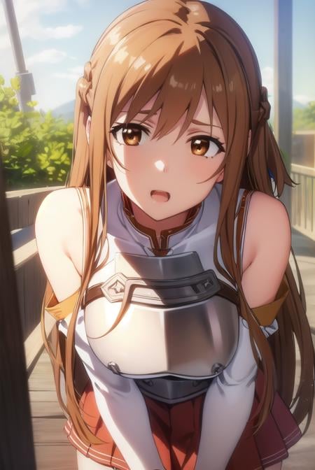 asunayuuki, <lora:asuna yuuki s1-lora-nochekaiser:1>, asuna yuuki, long hair, brown hair, (brown eyes:1.8),BREAK skirt, thighhighs, bare shoulders, detached sleeves, armor, white thighhighs, (breastplate:1.2), red skirt,BREAK outdoors, nature, forest, sun, sky,BREAK looking at viewer, (cowboy shot:1.5),BREAK <lyco:GoodHands-beta2:1>, (masterpiece:1.2), best quality, high resolution, unity 8k wallpaper, (illustration:0.8), (beautiful detailed eyes:1.6), extremely detailed face, perfect lighting, extremely detailed CG, (perfect hands, perfect anatomy),