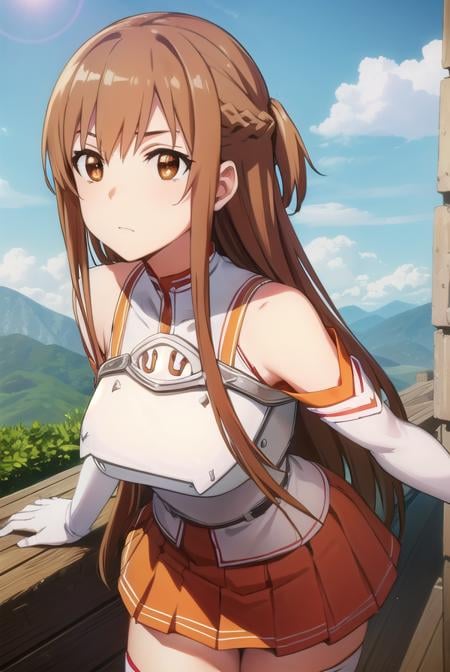 asunayuuki, <lora:asuna yuuki s1-lora-nochekaiser:1>, asuna yuuki, long hair, brown hair, (brown eyes:1.8),BREAK skirt, thighhighs, bare shoulders, detached sleeves, armor, white thighhighs, (breastplate:1.2), red skirt,BREAK outdoors, nature, forest, sun, sky,BREAK looking at viewer, (cowboy shot:1.5),BREAK <lyco:GoodHands-beta2:1>, (masterpiece:1.2), best quality, high resolution, unity 8k wallpaper, (illustration:0.8), (beautiful detailed eyes:1.6), extremely detailed face, perfect lighting, extremely detailed CG, (perfect hands, perfect anatomy),