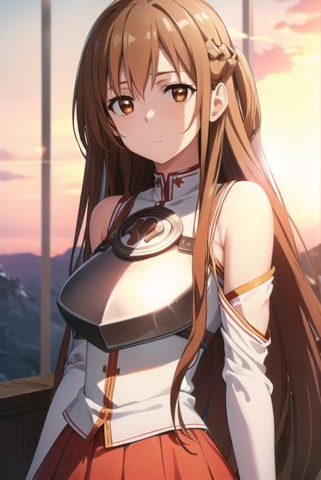 asunayuuki, <lora:asuna yuuki s1-lora-nochekaiser:1>, asuna yuuki, long hair, brown hair, (brown eyes:1.8),BREAK skirt, thighhighs, bare shoulders, detached sleeves, armor, white thighhighs, (breastplate:1.2), red skirt,BREAK outdoors, nature, forest, sun, sky,BREAK looking at viewer, (cowboy shot:1.5),BREAK <lyco:GoodHands-beta2:1>, (masterpiece:1.2), best quality, high resolution, unity 8k wallpaper, (illustration:0.8), (beautiful detailed eyes:1.6), extremely detailed face, perfect lighting, extremely detailed CG, (perfect hands, perfect anatomy),