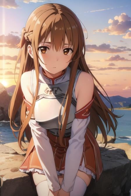 asunayuuki, <lora:asuna yuuki s1-lora-nochekaiser:1>, asuna yuuki, long hair, brown hair, (brown eyes:1.8),BREAK skirt, thighhighs, bare shoulders, detached sleeves, armor, white thighhighs, (breastplate:1.2), red skirt,BREAK outdoors, nature, forest, sun, sky,BREAK looking at viewer, (cowboy shot:1.5),BREAK <lyco:GoodHands-beta2:1>, (masterpiece:1.2), best quality, high resolution, unity 8k wallpaper, (illustration:0.8), (beautiful detailed eyes:1.6), extremely detailed face, perfect lighting, extremely detailed CG, (perfect hands, perfect anatomy),