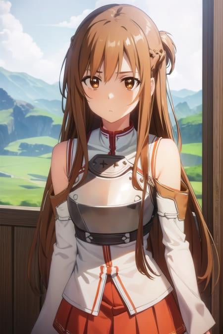 asunayuuki, <lora:asuna yuuki s1-lora-nochekaiser:1>, asuna yuuki, long hair, brown hair, (brown eyes:1.8),BREAK skirt, thighhighs, bare shoulders, detached sleeves, armor, white thighhighs, (breastplate:1.2), red skirt,BREAK outdoors, nature, forest, sun, sky,BREAK looking at viewer, (cowboy shot:1.5),BREAK <lyco:GoodHands-beta2:1>, (masterpiece:1.2), best quality, high resolution, unity 8k wallpaper, (illustration:0.8), (beautiful detailed eyes:1.6), extremely detailed face, perfect lighting, extremely detailed CG, (perfect hands, perfect anatomy),