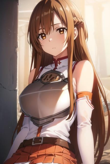 asunayuuki, <lora:asuna yuuki s1-lora-nochekaiser:1>, asuna yuuki, long hair, brown hair, (brown eyes:1.8),BREAK skirt, thighhighs, bare shoulders, detached sleeves, armor, white thighhighs, (breastplate:1.2), red skirt,BREAK outdoors, nature, forest, sun, sky,BREAK looking at viewer, (cowboy shot:1.5),BREAK <lyco:GoodHands-beta2:1>, (masterpiece:1.2), best quality, high resolution, unity 8k wallpaper, (illustration:0.8), (beautiful detailed eyes:1.6), extremely detailed face, perfect lighting, extremely detailed CG, (perfect hands, perfect anatomy),