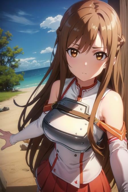 asunayuuki, <lora:asuna yuuki s1-lora-nochekaiser:1>, asuna yuuki, long hair, brown hair, (brown eyes:1.8),BREAK skirt, thighhighs, bare shoulders, detached sleeves, armor, white thighhighs, (breastplate:1.2), red skirt,BREAK outdoors, nature, forest, sun, sky,BREAK looking at viewer, (cowboy shot:1.5),BREAK <lyco:GoodHands-beta2:1>, (masterpiece:1.2), best quality, high resolution, unity 8k wallpaper, (illustration:0.8), (beautiful detailed eyes:1.6), extremely detailed face, perfect lighting, extremely detailed CG, (perfect hands, perfect anatomy),