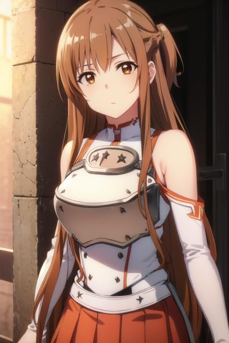 asunayuuki, <lora:asuna yuuki s1-lora-nochekaiser:1>, asuna yuuki, long hair, brown hair, (brown eyes:1.8),BREAK skirt, thighhighs, bare shoulders, detached sleeves, armor, white thighhighs, (breastplate:1.2), red skirt,BREAK outdoors, nature, forest, sun, sky,BREAK looking at viewer, (cowboy shot:1.5),BREAK <lyco:GoodHands-beta2:1>, (masterpiece:1.2), best quality, high resolution, unity 8k wallpaper, (illustration:0.8), (beautiful detailed eyes:1.6), extremely detailed face, perfect lighting, extremely detailed CG, (perfect hands, perfect anatomy),