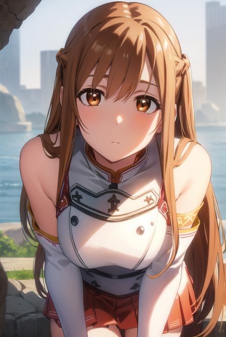 asunayuuki, <lora:asuna yuuki s1-lora-nochekaiser:1>, asuna yuuki, long hair, brown hair, (brown eyes:1.8),BREAK skirt, thighhighs, bare shoulders, detached sleeves, armor, white thighhighs, (breastplate:1.2), red skirt,BREAK outdoors, nature, forest, sun, sky,BREAK looking at viewer, (cowboy shot:1.5),BREAK <lyco:GoodHands-beta2:1>, (masterpiece:1.2), best quality, high resolution, unity 8k wallpaper, (illustration:0.8), (beautiful detailed eyes:1.6), extremely detailed face, perfect lighting, extremely detailed CG, (perfect hands, perfect anatomy),