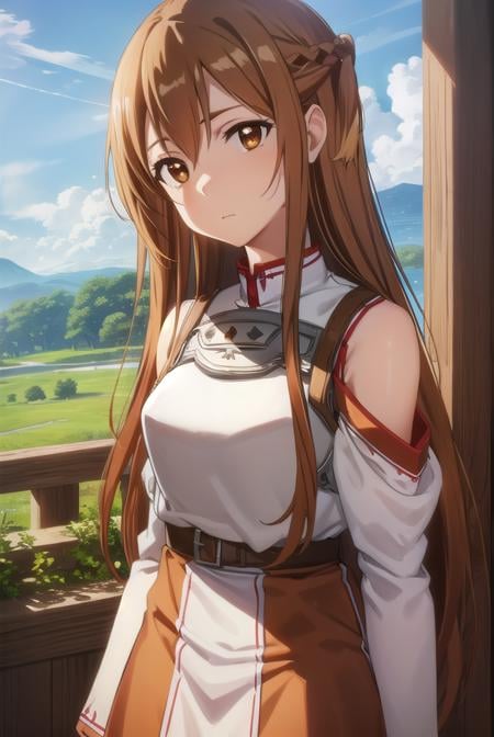 asunayuuki, <lora:asuna yuuki s1-lora-nochekaiser:1>, asuna yuuki, long hair, brown hair, (brown eyes:1.8),BREAK skirt, thighhighs, bare shoulders, detached sleeves, armor, white thighhighs, (breastplate:1.2), red skirt,BREAK outdoors, nature, forest, sun, sky,BREAK looking at viewer, (cowboy shot:1.5),BREAK <lyco:GoodHands-beta2:1>, (masterpiece:1.2), best quality, high resolution, unity 8k wallpaper, (illustration:0.8), (beautiful detailed eyes:1.6), extremely detailed face, perfect lighting, extremely detailed CG, (perfect hands, perfect anatomy),