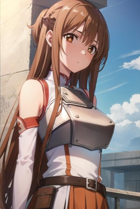 asunayuuki, <lora:asuna yuuki s1-lora-nochekaiser:1>, asuna yuuki, long hair, brown hair, (brown eyes:1.8),BREAK skirt, thighhighs, bare shoulders, detached sleeves, armor, white thighhighs, (breastplate:1.2), red skirt,BREAK outdoors, nature, forest, sun, sky,BREAK looking at viewer, (cowboy shot:1.5),BREAK <lyco:GoodHands-beta2:1>, (masterpiece:1.2), best quality, high resolution, unity 8k wallpaper, (illustration:0.8), (beautiful detailed eyes:1.6), extremely detailed face, perfect lighting, extremely detailed CG, (perfect hands, perfect anatomy),