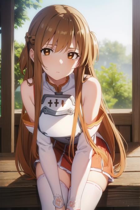 asunayuuki, <lora:asuna yuuki s1-lora-nochekaiser:1>, asuna yuuki, long hair, brown hair, (brown eyes:1.8),BREAK skirt, thighhighs, bare shoulders, detached sleeves, armor, white thighhighs, (breastplate:1.2), red skirt,BREAK outdoors, nature, forest, sun, sky,BREAK looking at viewer, (cowboy shot:1.5),BREAK <lyco:GoodHands-beta2:1>, (masterpiece:1.2), best quality, high resolution, unity 8k wallpaper, (illustration:0.8), (beautiful detailed eyes:1.6), extremely detailed face, perfect lighting, extremely detailed CG, (perfect hands, perfect anatomy),