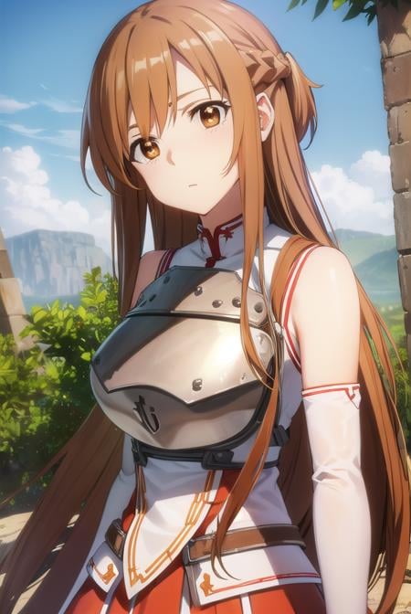 asunayuuki, <lora:asuna yuuki s1-lora-nochekaiser:1>, asuna yuuki, long hair, brown hair, (brown eyes:1.8),BREAK skirt, thighhighs, bare shoulders, detached sleeves, armor, white thighhighs, (breastplate:1.2), red skirt,BREAK outdoors, nature, forest, sun, sky,BREAK looking at viewer, (cowboy shot:1.5),BREAK <lyco:GoodHands-beta2:1>, (masterpiece:1.2), best quality, high resolution, unity 8k wallpaper, (illustration:0.8), (beautiful detailed eyes:1.6), extremely detailed face, perfect lighting, extremely detailed CG, (perfect hands, perfect anatomy),