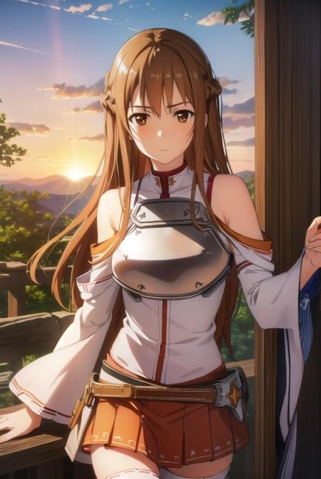 asunayuuki, <lora:asuna yuuki s1-lora-nochekaiser:1>, asuna yuuki, long hair, brown hair, (brown eyes:1.8),BREAK skirt, thighhighs, bare shoulders, detached sleeves, armor, white thighhighs, (breastplate:1.2), red skirt,BREAK outdoors, nature, forest, sun, sky,BREAK looking at viewer, (cowboy shot:1.5),BREAK <lyco:GoodHands-beta2:1>, (masterpiece:1.2), best quality, high resolution, unity 8k wallpaper, (illustration:0.8), (beautiful detailed eyes:1.6), extremely detailed face, perfect lighting, extremely detailed CG, (perfect hands, perfect anatomy),