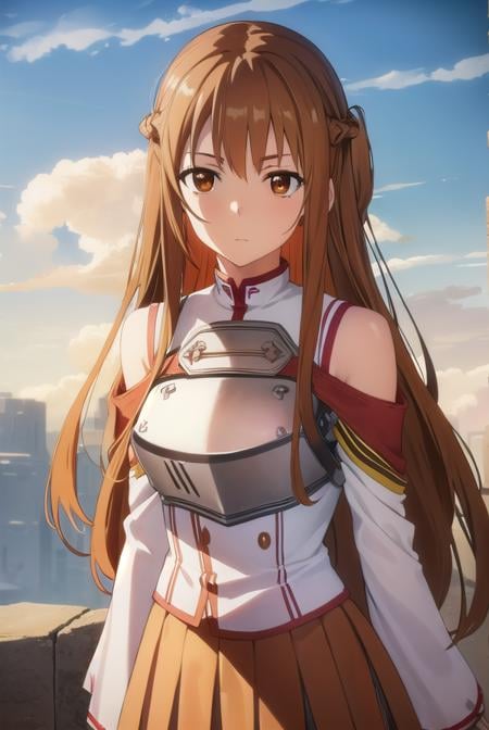 asunayuuki, <lora:asuna yuuki s1-lora-nochekaiser:1>, asuna yuuki, long hair, brown hair, (brown eyes:1.8),BREAK skirt, thighhighs, bare shoulders, detached sleeves, armor, white thighhighs, (breastplate:1.2), red skirt,BREAK outdoors, nature, forest, sun, sky,BREAK looking at viewer, (cowboy shot:1.5),BREAK <lyco:GoodHands-beta2:1>, (masterpiece:1.2), best quality, high resolution, unity 8k wallpaper, (illustration:0.8), (beautiful detailed eyes:1.6), extremely detailed face, perfect lighting, extremely detailed CG, (perfect hands, perfect anatomy),