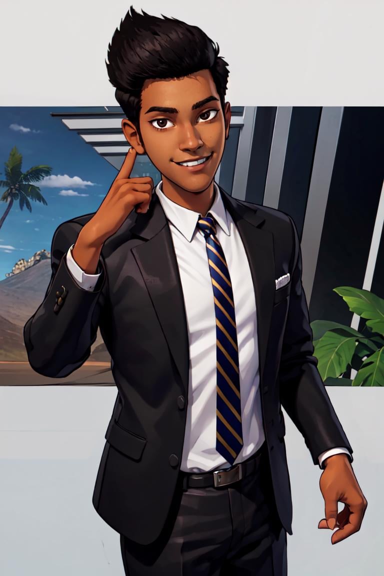 ((masterpiece,best quality)), absurdres, <lora:Kenji_Jurassic_Park:0.8>, Kenji Jurassic Park,  1boy, black hair, short hair,  black jacket, formal, dark-skinned male, suit, striped necktie,  solo, smile, looking at viewer, cowboy shot,