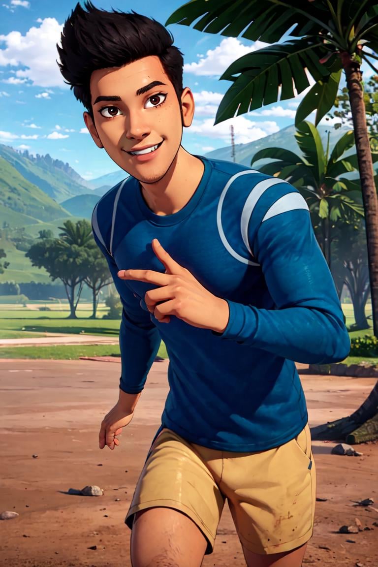 ((masterpiece,best quality)), absurdres, <lora:Kenji_Jurassic_Park:0.8>, Kenji Jurassic Park,  1boy, black hair, short hair,  blue shirt, shorts,   solo, smile, looking at viewer, cowboy shot, (v:1)