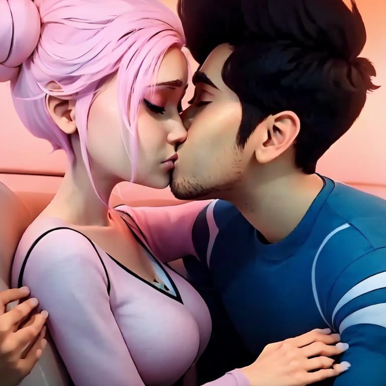 ((masterpiece,best quality)), absurdres, anime style, <lora:Kenji_Jurassic_Park:0.8>,Kenji Jurassic Park, 1boy, black hair, 1girl, closed eyes, pink hair, hetero, hair bun, makeup, single hair bun, kiss