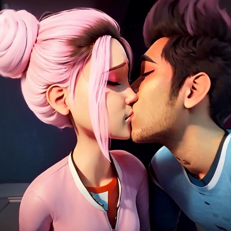 ((masterpiece,best quality)), absurdres, anime style, <lora:Kenji_Jurassic_Park:0.8>,Kenji Jurassic Park, 1boy, black hair, 1girl, closed eyes, pink hair, hetero, hair bun, makeup, single hair bun, kiss,<lora:Brooklynn_Jurassic_Park:0.5>, Brooklynn_Jurassic_Park,