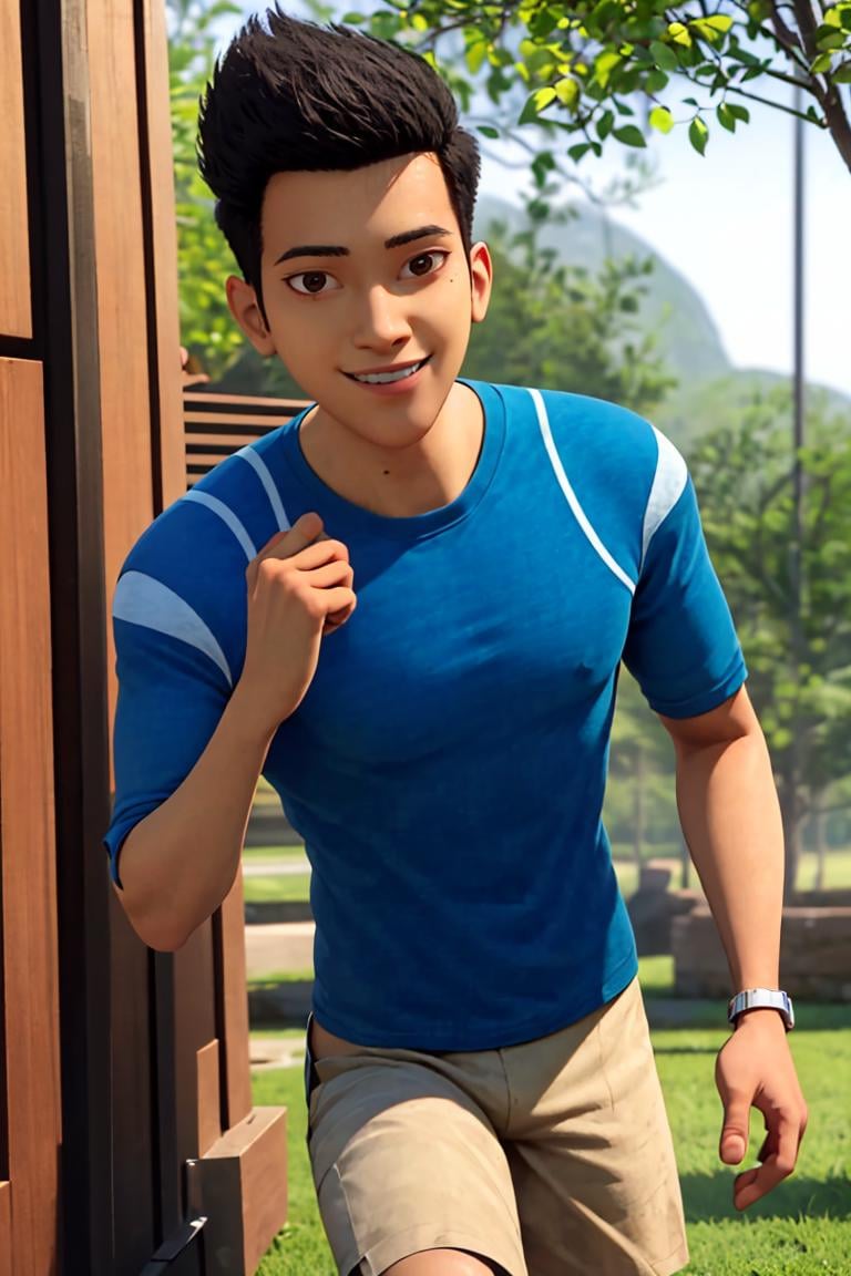 ((masterpiece,best quality)), absurdres, <lora:Kenji_Jurassic_Park:0.8>, Kenji Jurassic Park,  1boy, black hair, short hair,  blue shirt, shorts,   solo, smile, looking at viewer, cowboy shot,