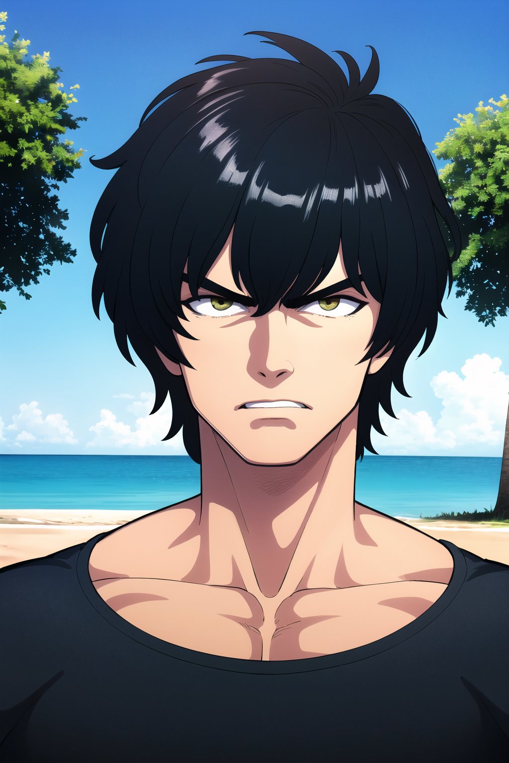 (masterpiece:1.2), (best quality), (ultra detailed), (8k,4k), (highly detailed:1.4), (perfect lightingbest quality), (blue sky, beach, tree, grass), (portrait), solo, male, strong, muscular, shirtless, black pants, tokita_ohma, angry, fighting pose