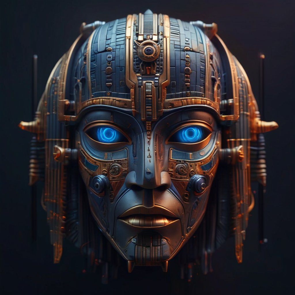 masterpiece hyperdetailed ,realistic , symmetrical cyberpunk Egyptian mask ((vm1)) ,glowing digital wires and tubes, detailed cybernetic brain, front facing simple background (even studio lighting) no shadows, 8k,vm1