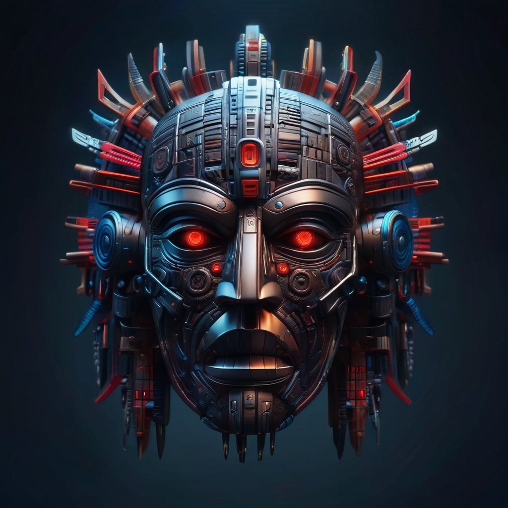 masterpiece hyperdetailed ,realistic , symmetrical cyberpunk Aztec mask ((vm1)) ,glowing digital wires and tubes cybernetic brain, front facing simple background (even studio lighting) no shadows, 8k,vm1