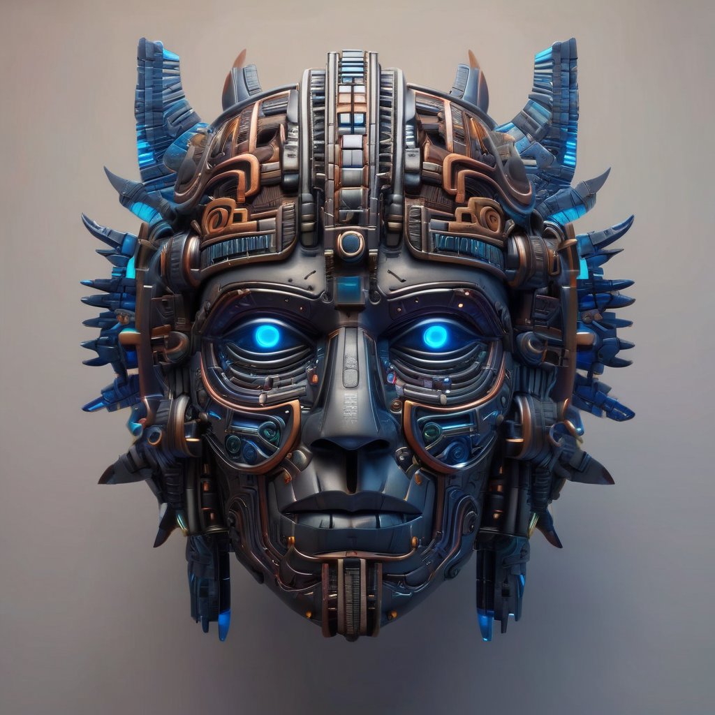 masterpiece hyperdetailed ,realistic , symmetrical cyberpunk Aztec mask ((vm1)) ,glowing digital wires and tubes cybernetic brain, front facing simple background (even studio lighting) no shadows, 8k,vm1