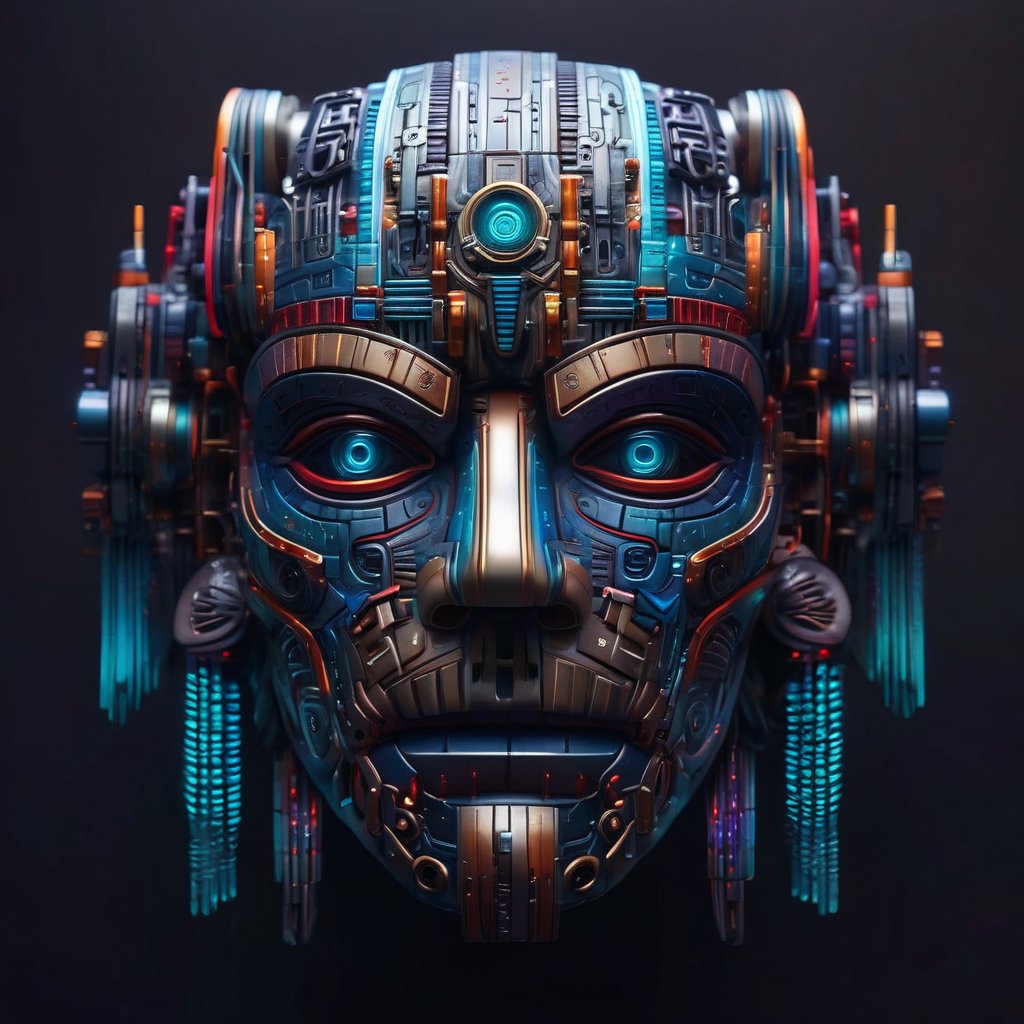 masterpiece hyperdetailed ,realistic , symmetrical cyberpunk Aztec mask ((vm1)) ,glowing digital wires and tubes cybernetic brain, front facing simple background (even studio lighting) no shadows, 8k,vm1