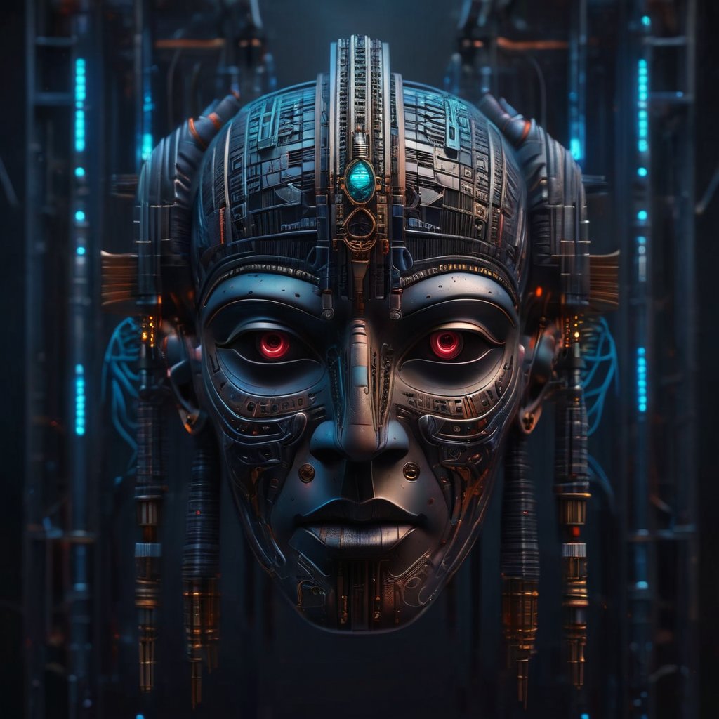 masterpiece hyperdetailed ,realistic , symmetrical cyberpunk Egyptian mask ((vm1)) ,glowing digital wires and tubes, detailed cybernetic brain, front facing simple background (even studio lighting) no shadows, 8k,vm1