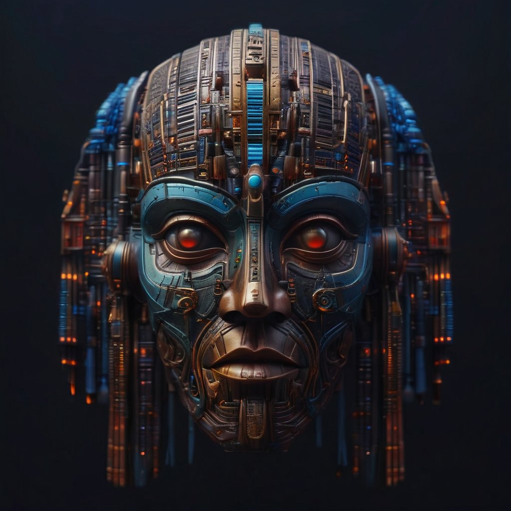 masterpiece hyperdetailed ,realistic , symmetrical cyberpunk Egyptian mask ((vm1)) ,glowing digital wires and tubes cybernetic brain, front facing simple background (even studio lighting) no shadows, 8k,vm1