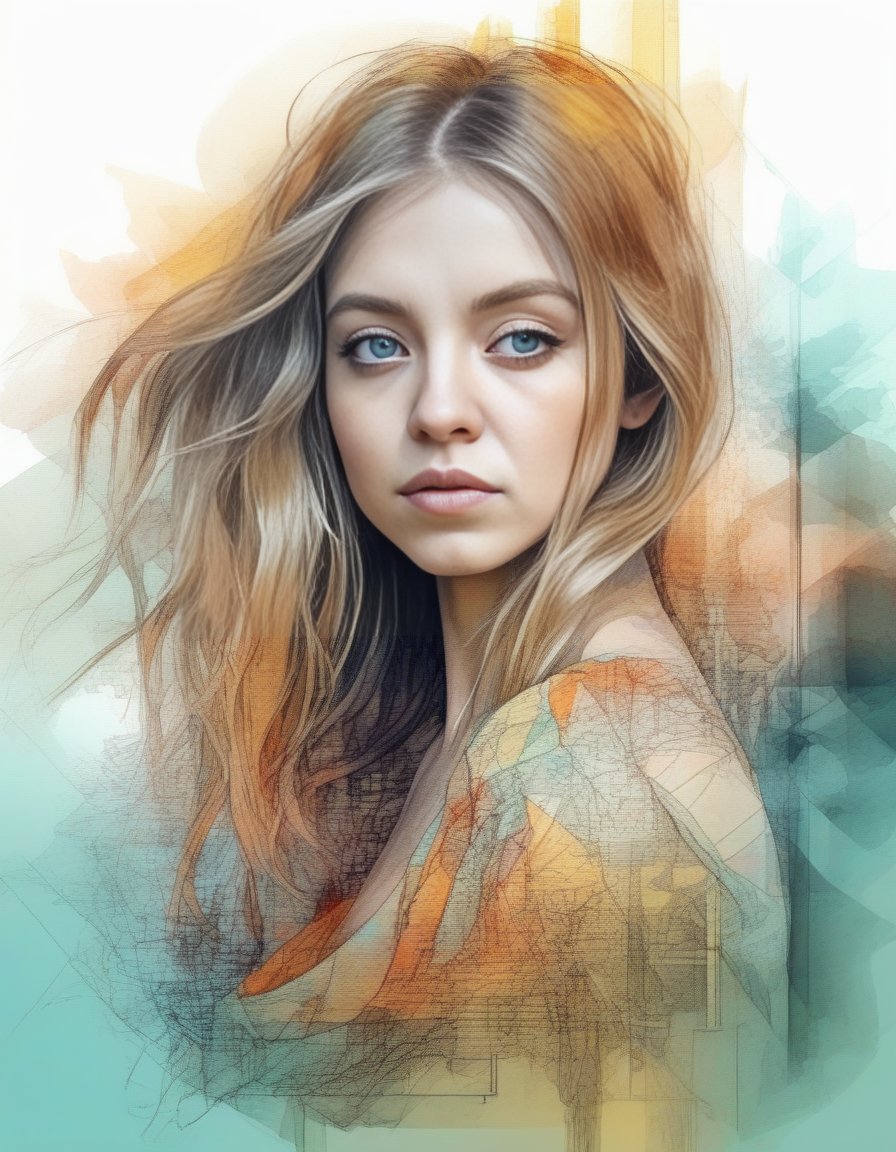 SydneySweeney,<lora:SydneySweeneySDXL:1>A beautiful girl, digital watercolor Illustration, summers cape sunrise, complex contrast, highly details, geometric Bauhaus abstract vector fractal, in style of Carne Griffiths, triadic colors, wave function