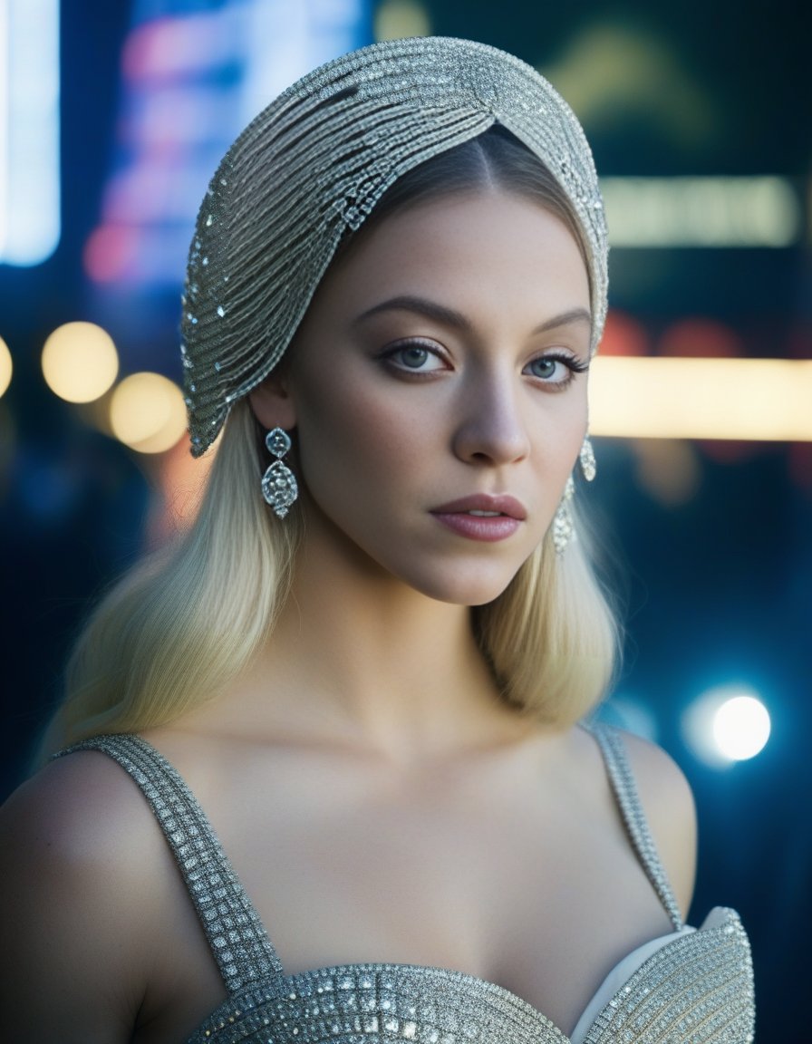 SydneySweeney,<lora:SydneySweeneySDXL:1>, by Philip-Lorca diCorcia and Daniel Jaems, photograph, wide shot of a Futuristic hourglass figure Mughal (women:1.1) , White hair styled as Wavy, Plain Headband, spotlit, Long exposure, Canon EF, 50mm, detailed skin, intricate detailed face, cityscape