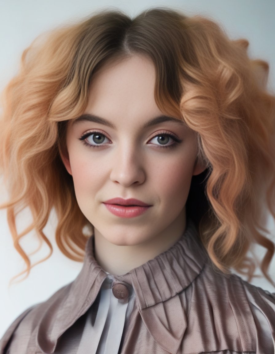 SydneySweeney,<lora:SydneySweeneySDXL:1>, portrait, close up of a Chic Islamic humanoid, her hair is Coral and Gray, curly hair, Brown Ruff, tilt shift, Agfacolor, flowing