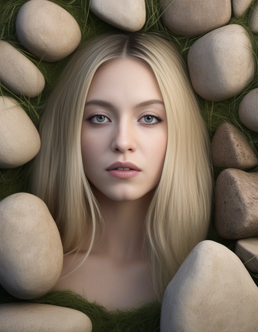 SydneySweeney,<lora:SydneySweeneySDXL:1>, by Alejandro Jodorowsky, portrait, close up of a well-built (humanoid:1.3) surrounded by Rocks, grass and Star cluster in background, spotlight, Selective focus, Amaro, matte skin, realistic beautiful face