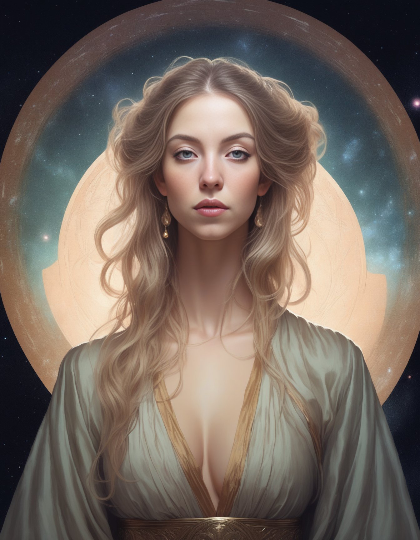 SydneySweeney,<lora:SydneySweeneySDXL:1>Portrait of women,by greg rutkowski and alphonse mucha with a beautiful symmetrical face wearing a long flowing silk robe that is floating in space. highly detailed portrait, digital painting, artstation, concept art, smooth, sharp focus ilustration,