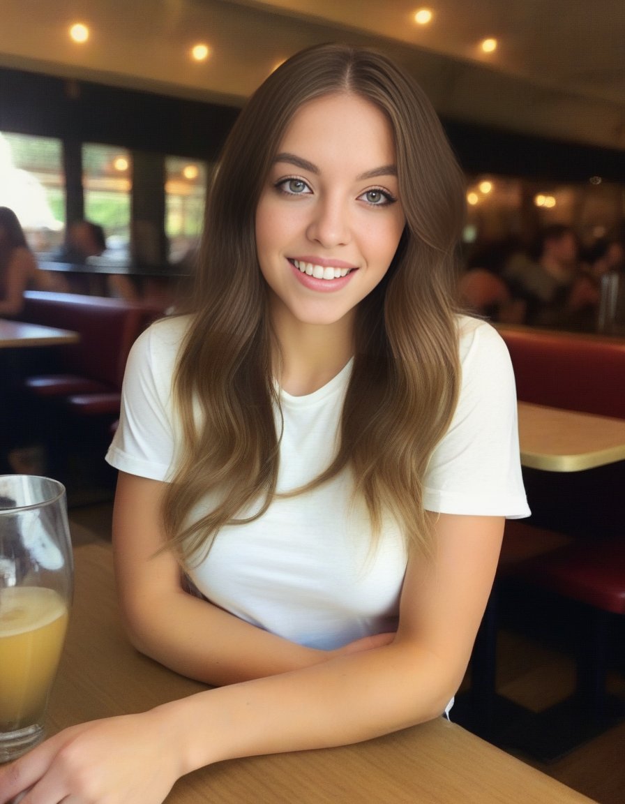 SydneySweeney,<lora:SydneySweeneySDXL:1>iphone photo woman, long brunette hair, leans on a table in a restaurant, hazel eyes, perfect eyes, gorgeous smile, light makeup, wearing a t-shirt, good atmosphere . large depth of field, deep depth of field, highly detailed