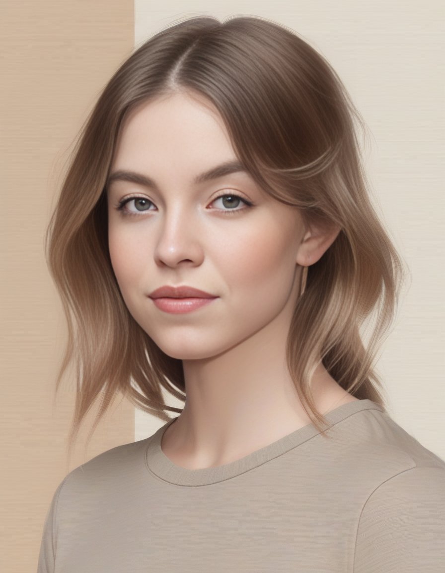 SydneySweeney,<lora:SydneySweeneySDXL:1>A portrait of a young woman with a serene countenance. Her medium-length hair is styled in a wind-touched manner, displaying a rich brown base with coppery highlights. She wears a relaxed, scoop-neck t-shirt in muted reddish-brown. Her facial features are gently defined, with warm fair skin, subtle makeup emphasizing her eyes and natural lips. The background is softly blurred, hinting at a tropical setting with palm leaves, illuminated by natural light that enhances her natural beauty.