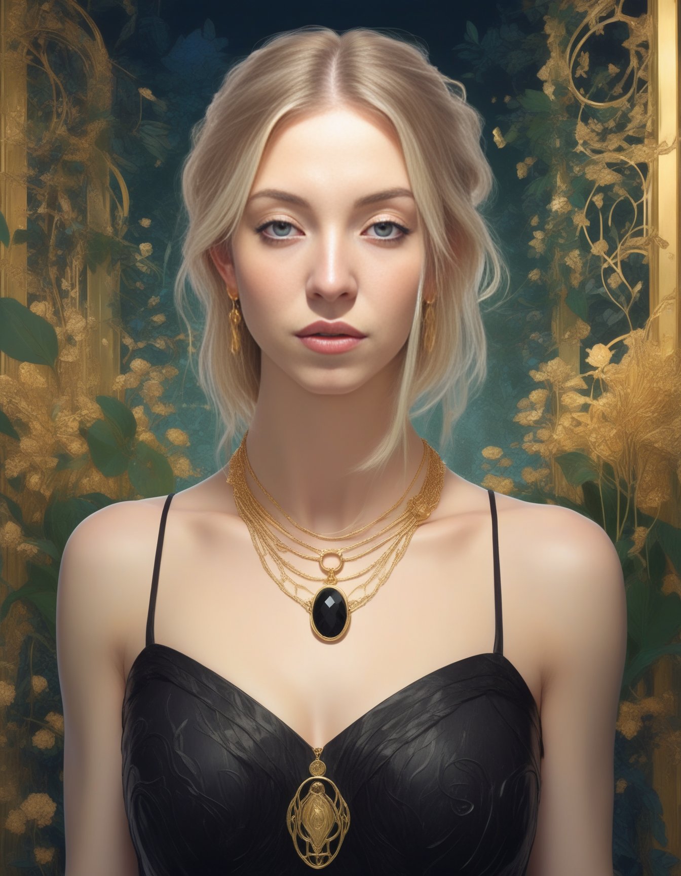 SydneySweeney,<lora:SydneySweeneySDXL:1>Portrait of women, wearing a black dress with golden necklace and gold chains in a fantasy garden by Greg Rutkowski, art nouveau, alphonse mucha background, intricate details, vibrant, realistic, Makoto Shinkai, 4k resolution, octane