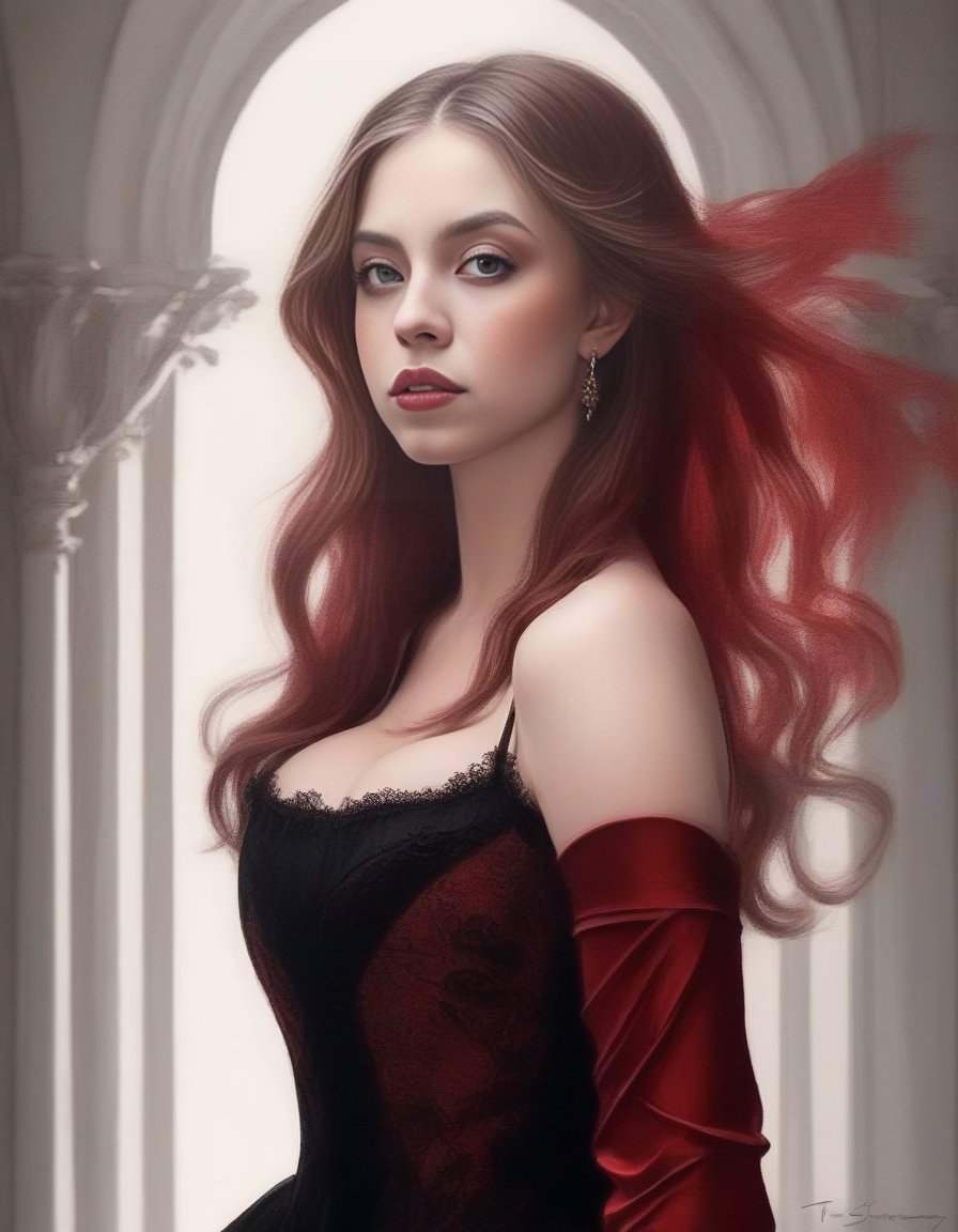 SydneySweeney,<lora:SydneySweeneySDXL:1>portrait of a beautiful young lady, elegant, in the style of dark red and black, intricate details, 4k, absurdres, high quality, confident, matte painting, luminous sfumato, digital painting, very intricate, unforgettable, by tanya shatseva