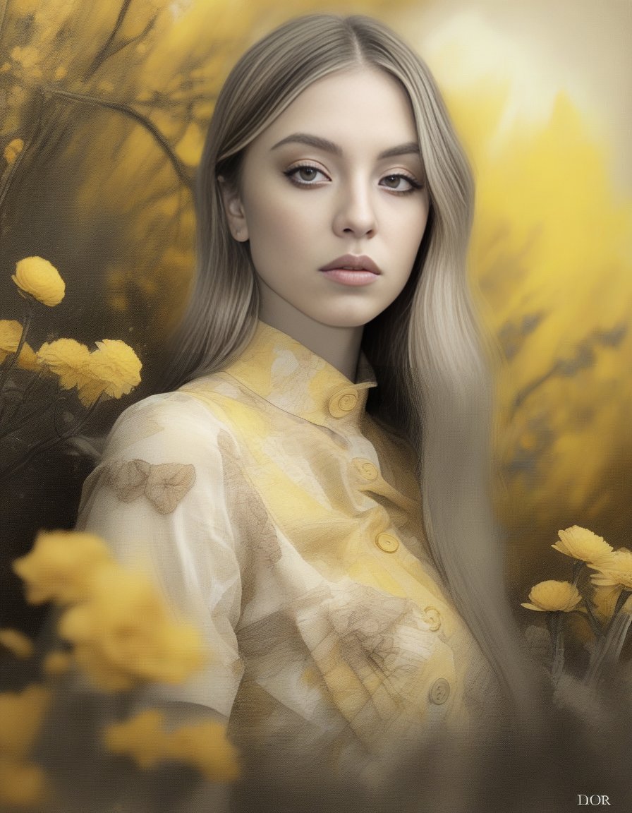 SydneySweeney,<lora:SydneySweeneySDXL:1>Girl with beautiful sad eyes on the background of flowering garden. earthy tone and yellow colors (glamour by Dior). Hyperrealistic, real, art, photography, realistic, masterpieces, high quality, best quality, official art, beautiful, aesthetic, highly detailed, intricate, sharp focus, digital art, [style by Luis Royo and Fabian Perez], fine charcoal , pencil sketch, stencil layered resin, 16k, UHD, HDR, (Masterpiece: 1. 5), (best quality: 1. 5)