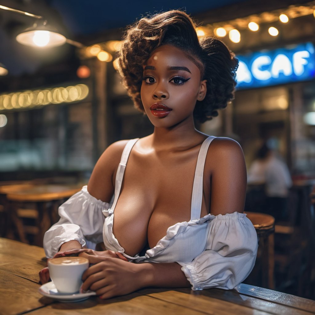 1girl, black girl, sitting in a cafe, very low hair, big breasts, cafe shirt, moonlight, at night, high quality image, 8k resolution ,FKT